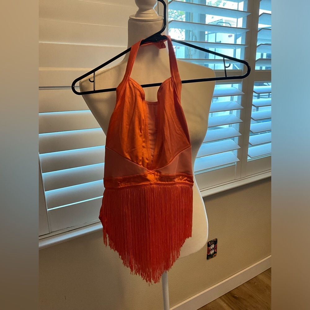Weissman Balera Orange Halter Fringe Bodysuit size 14 Dance Halloween…